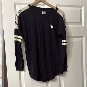 Black Long Sleeve Tee with White Stripes and Logo Victoria Secret